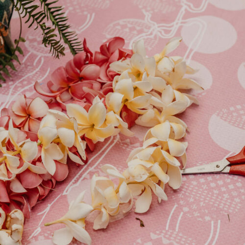 A close-up of a pink tablecloth adorned with a floral arrangement of white and pink orchids, alongside a pair of red scissors and a green fern.